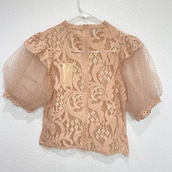 Peach Nude Floral Lace Puff Sleeve Blouse Mock Neck NWT Medium - Picture 3 of 7